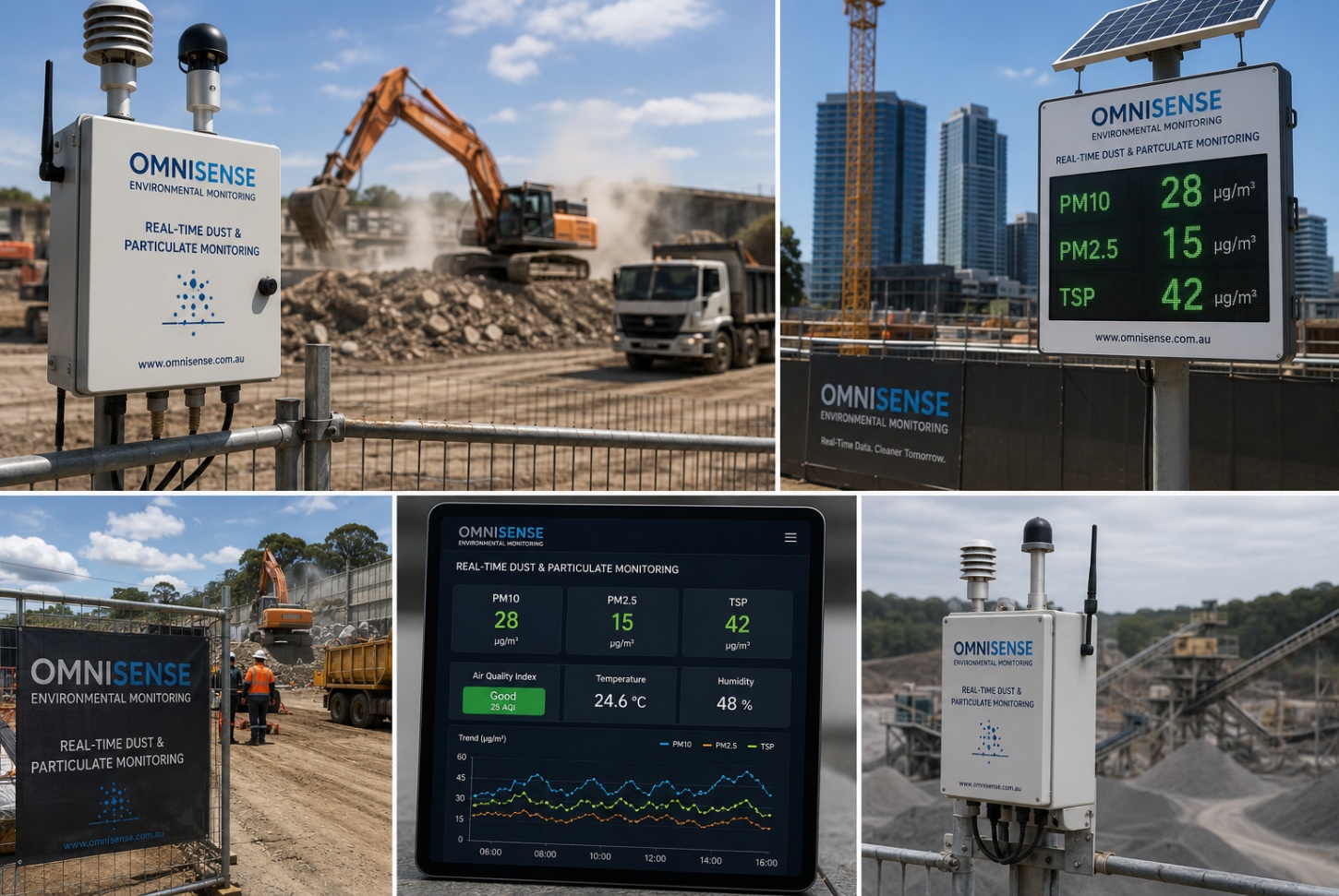 OmniSense real-time dust and particulate monitoring stations and live PM10/PM2.5 dashboard deployed at construction and quarry sites.