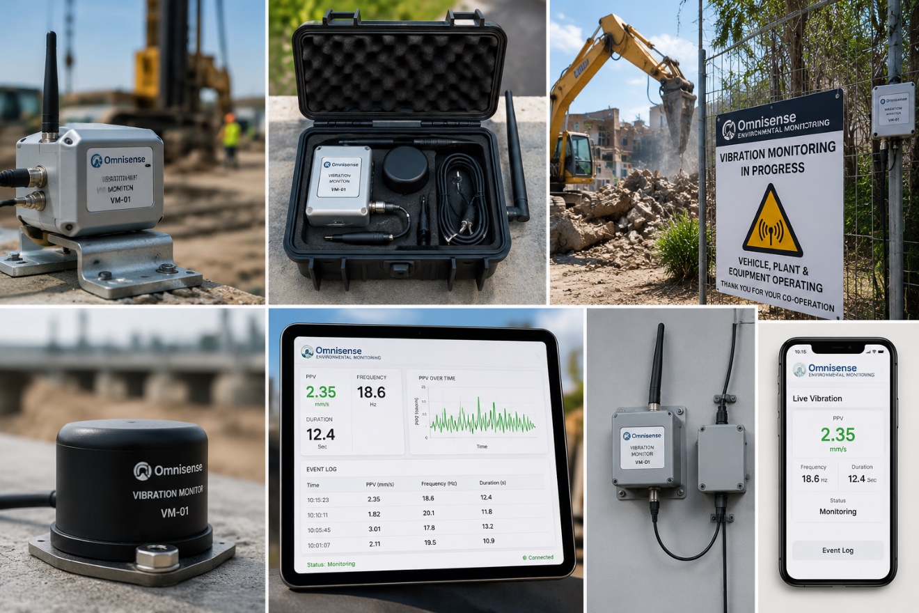 OmniSense structural vibration monitoring equipment on construction and demolition sites, with live dashboard and mobile app views.